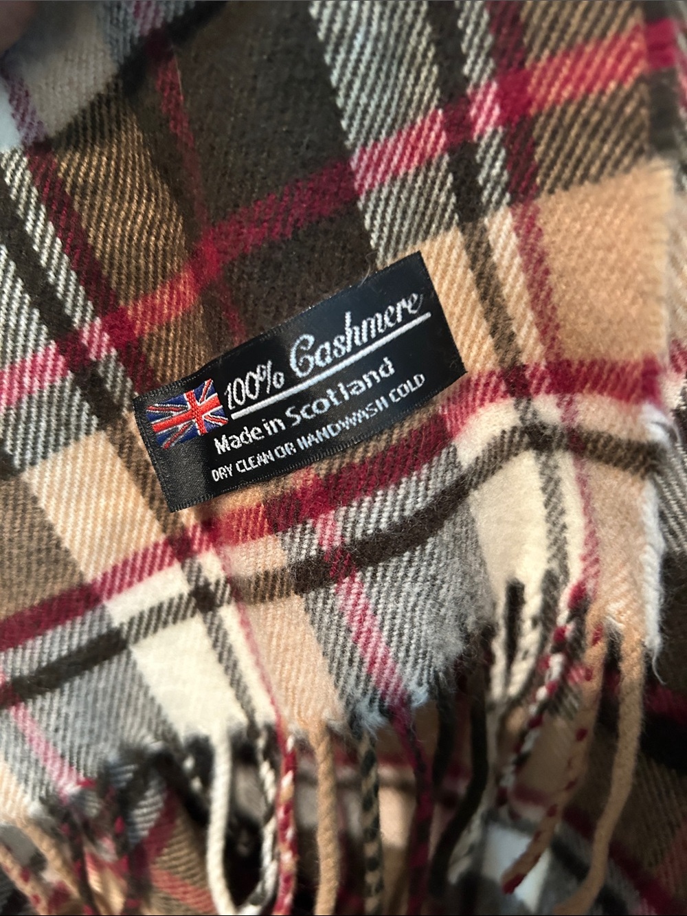 100% Cashmere Plaid Fringe Scarf in Tan, Black & Red